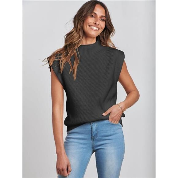 Women's Mock Neck Sleeveless Vest Casual Cap Sleeve Knit Pullover Tank Tops - Picture 6 of 6